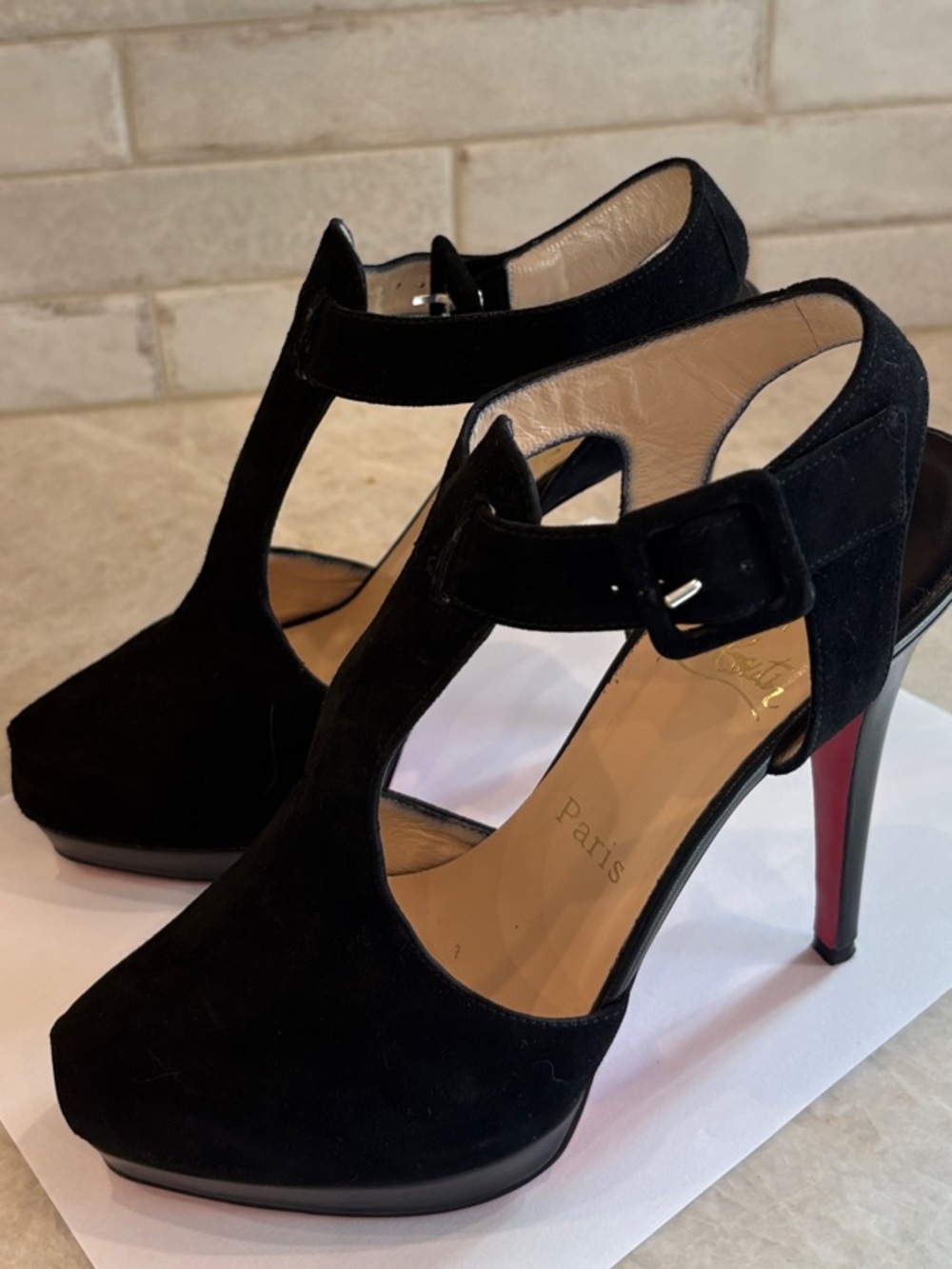 Christian Louboutin Black Suede Peep-Toe Ankle-Strap Platform Pumps